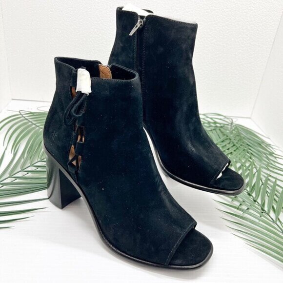 Frye Amy Side Ghillie Black Suede Leather Open Toe Ankle Boots Size 9M NWB - Picture 1 of 13